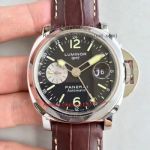 Copy Panerai GMT SS Black Dial Brown Leather Strap Watch